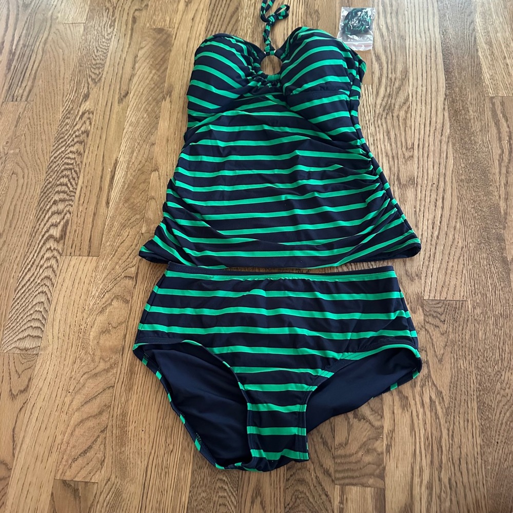 Michael Kors Swimsuit Tankini Set Striped‎ Halter Top Bottoms Green Blue XS - Picture 2 of 5